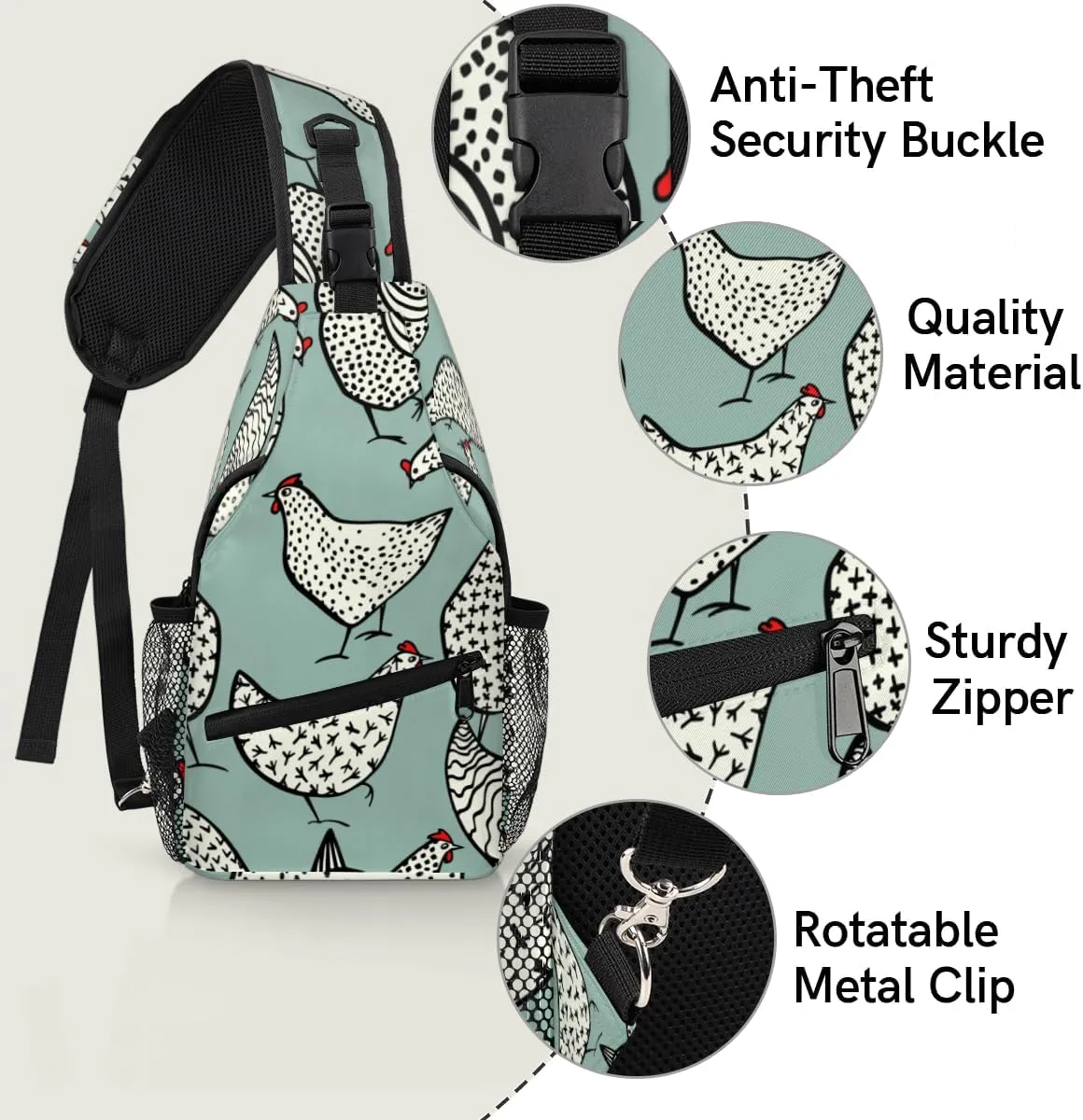 Hand Drawn Chickens Sling Bag for Women Men Crossbody Sling Backpack Shoulder Bag Chest Bag Daypack for Travel Hiking Outdoor
