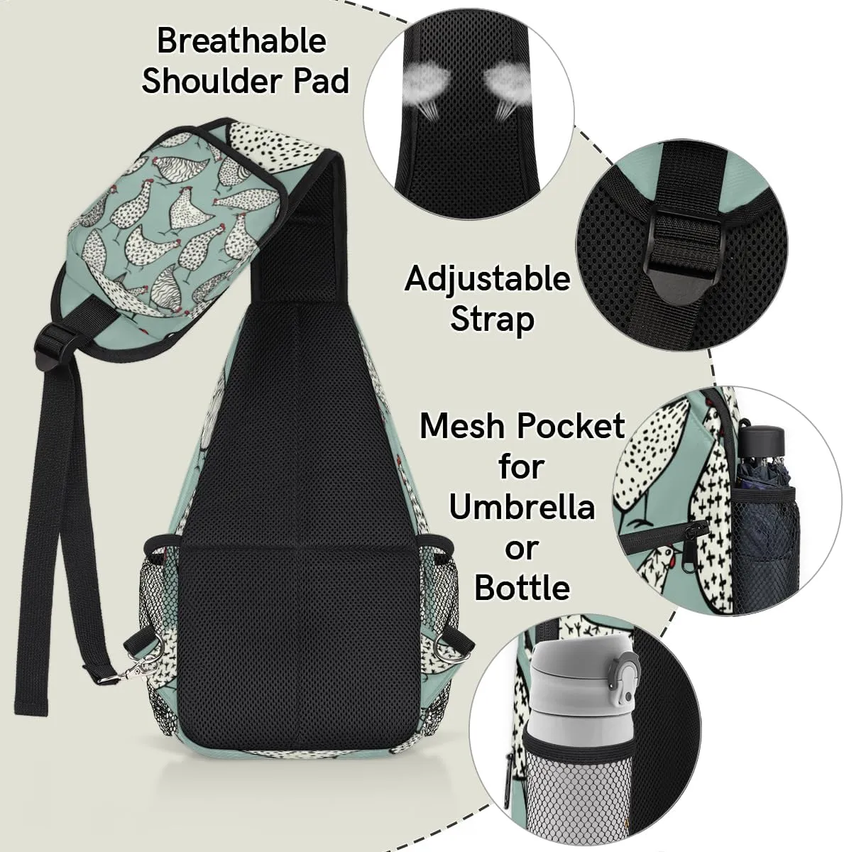 Hand Drawn Chickens Sling Bag for Women Men Crossbody Sling Backpack Shoulder Bag Chest Bag Daypack for Travel Hiking Outdoor