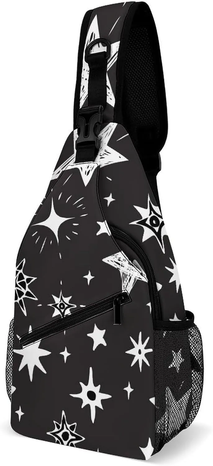 Hand-drawn White Stars Sling Bag for Women Men Crossbody Shoulder Bag with Anti Theft,Multipurpose Chest Bag for Travel,Hiking,Cycling,Camping