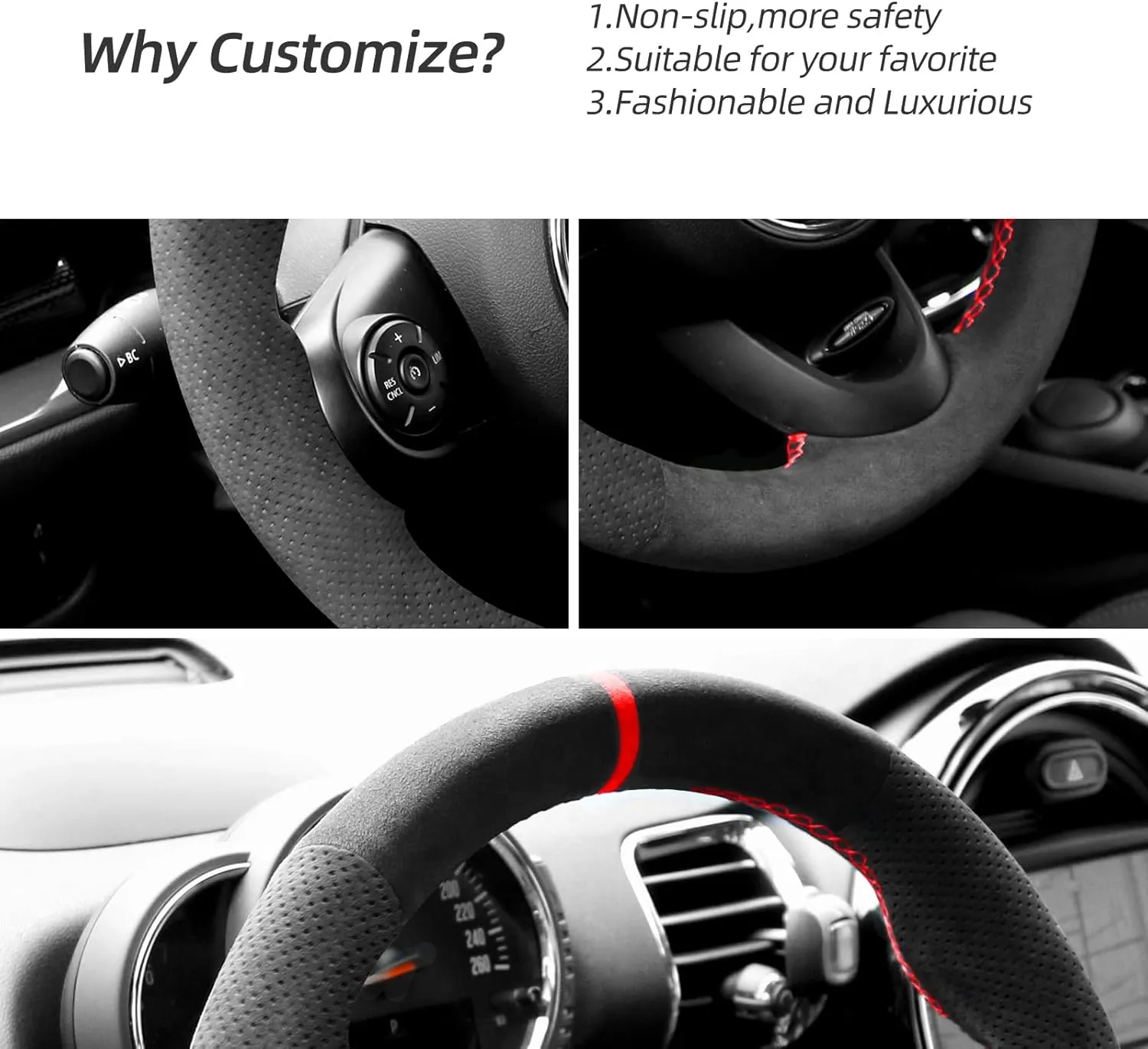 Hand Stitch Steering Wheel Cover Fits Alcantara Material for Mini JCW Clubman JCW Convertible JCW Countryman JCW 2014-2023 (Red Stripe)