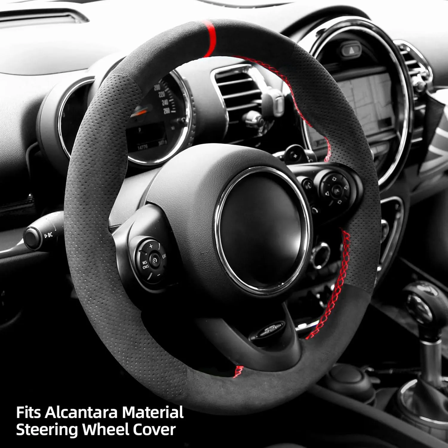 Hand Stitch Steering Wheel Cover Fits Alcantara Material for Mini JCW Clubman JCW Convertible JCW Countryman JCW 2014-2023 (Red Stripe)