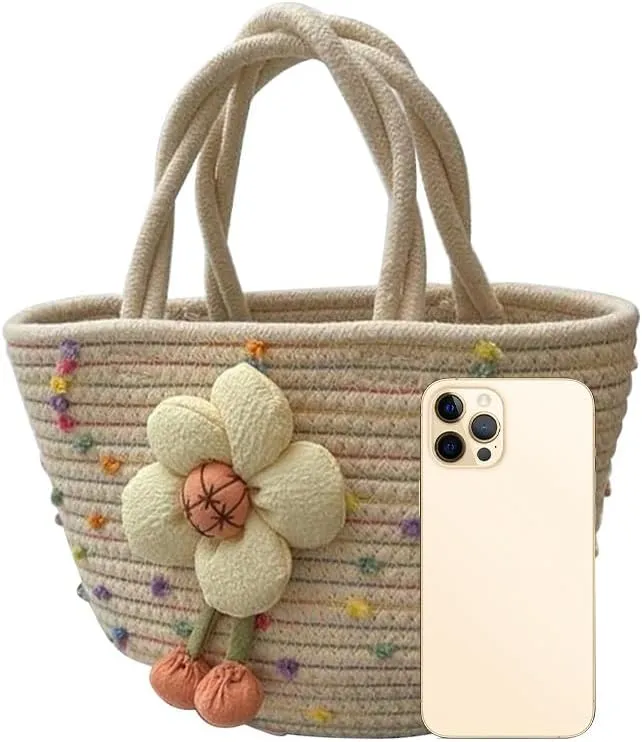 Hand-Woven Cotton Handbag Tote Bag Boho Rainbow Handles Tote Retro Summer Beach Bag Flower Handbag Holiday Shopping