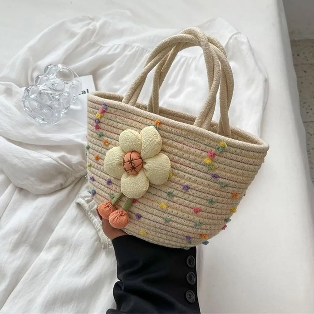 Hand-Woven Cotton Handbag Tote Bag Boho Rainbow Handles Tote Retro Summer Beach Bag Flower Handbag Holiday Shopping