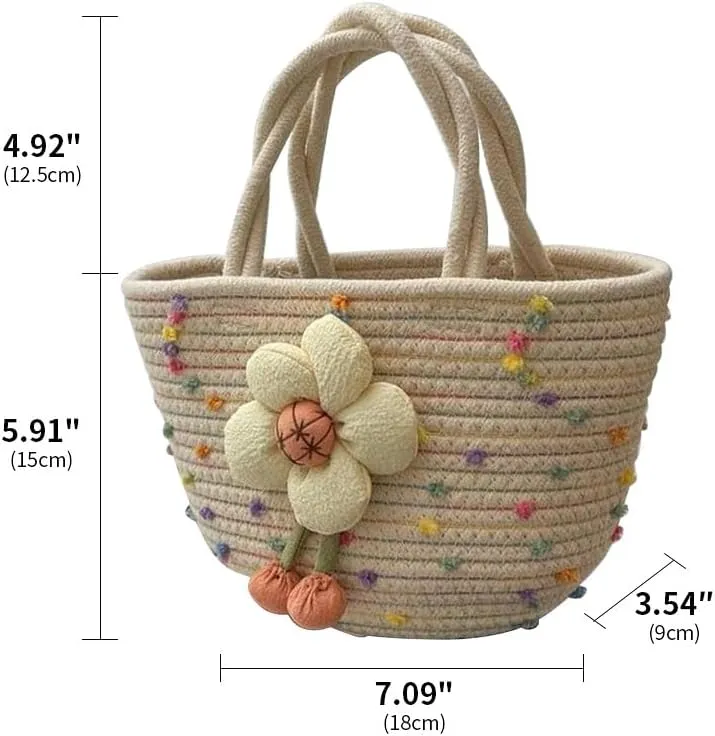 Hand-Woven Cotton Handbag Tote Bag Boho Rainbow Handles Tote Retro Summer Beach Bag Flower Handbag Holiday Shopping