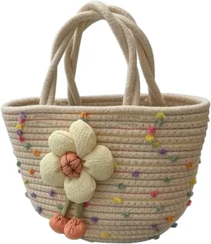 Hand-Woven Cotton Handbag Tote Bag Boho Rainbow Handles Tote Retro Summer Beach Bag Flower Handbag Holiday Shopping