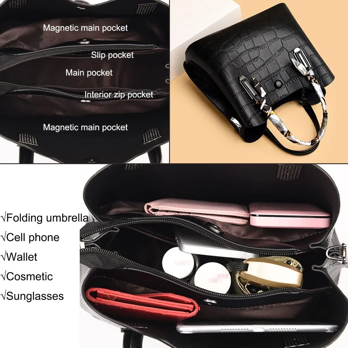 Handbags and Purses for Women PU Leather Shoulder Bag Silk Scarf Top-Handle Satchel Crocodile Pattern Tote