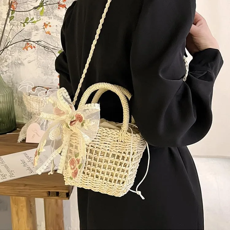 Handwoven Straw Crossbody Bag, Summer Beach Purse with Lace Bow and Floral Details, Vacation Beach Bag