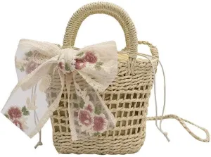 Handwoven Straw Crossbody Bag, Summer Beach Purse with Lace Bow and Floral Details, Vacation Beach Bag