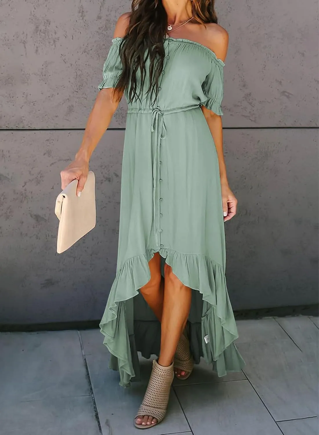 Happy Sailed Womens Off The Shoulder Maxi Dress Casual Short Sleeve Ruffle High Low Cocktail Party Wedding Guest Dresses