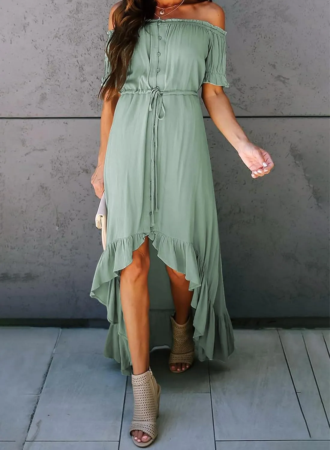 Happy Sailed Womens Off The Shoulder Maxi Dress Casual Short Sleeve Ruffle High Low Cocktail Party Wedding Guest Dresses
