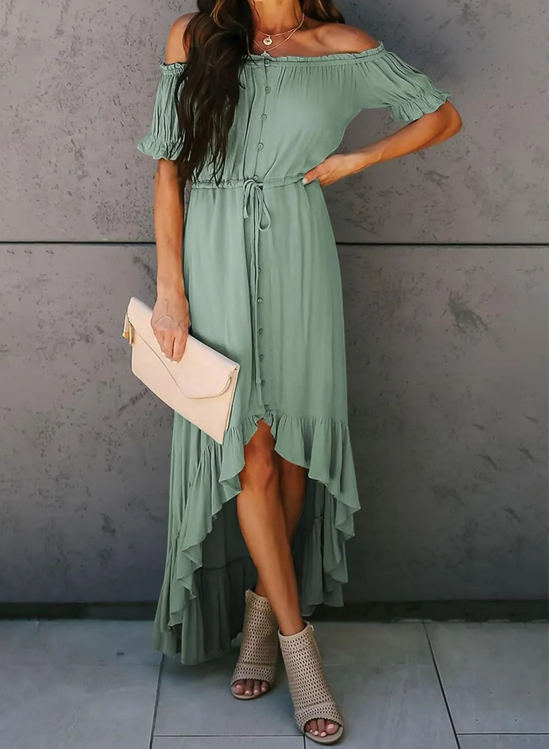Happy Sailed Womens Off The Shoulder Maxi Dress Casual Short Sleeve Ruffle High Low Cocktail Party Wedding Guest Dresses