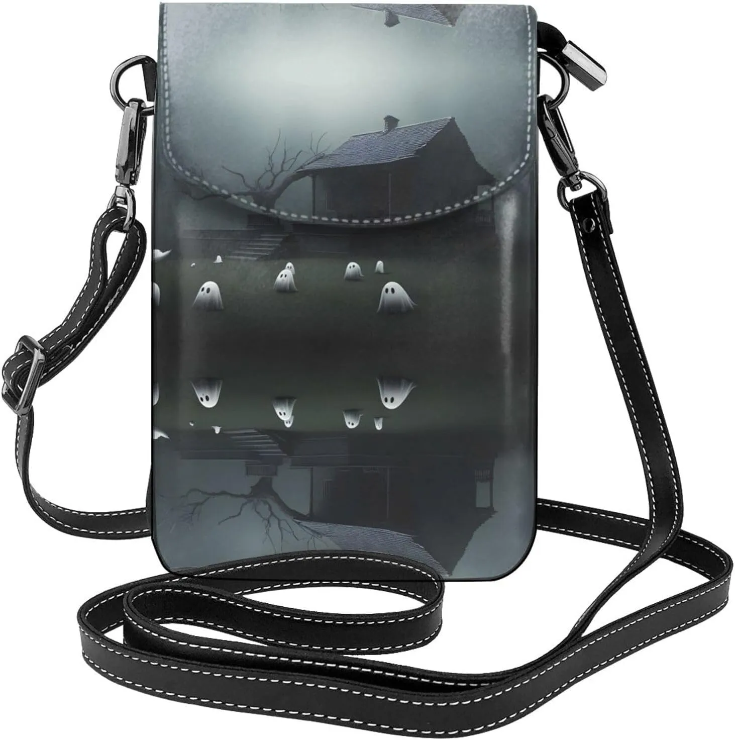 Haunted Mansion Pattern Leather Crossbody Flap Phone Bag - Versatile Gift for Women Walking, Camping, Shopping, and Travel