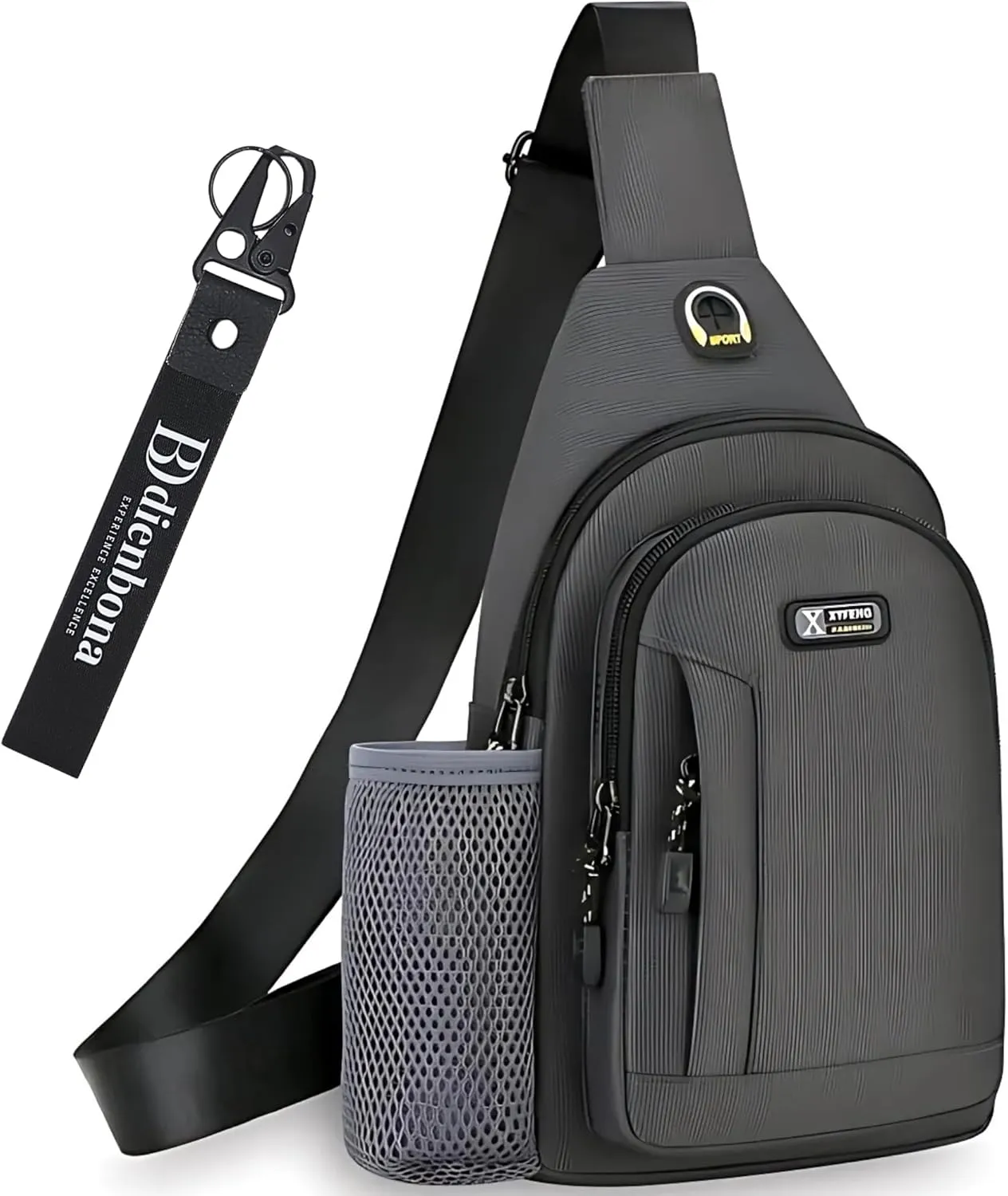 Headphone Hole Crossbody Sling Bag with Bottle Holder & Key Ring Strap, Water Resistant Travel Anti-theft Chest Backpack
