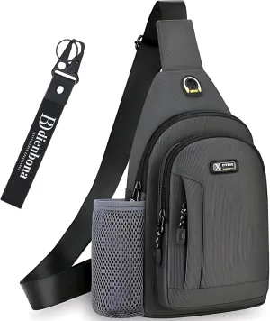 Headphone Hole Crossbody Sling Bag with Bottle Holder & Key Ring Strap, Water Resistant Travel Anti-theft Chest Backpack