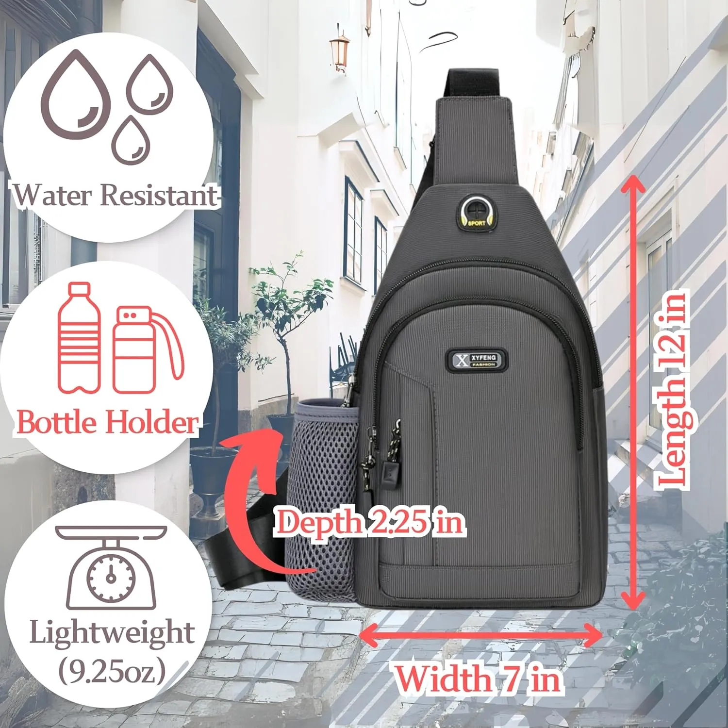 Headphone Hole Crossbody Sling Bag with Bottle Holder & Key Ring Strap, Water Resistant Travel Anti-theft Chest Backpack