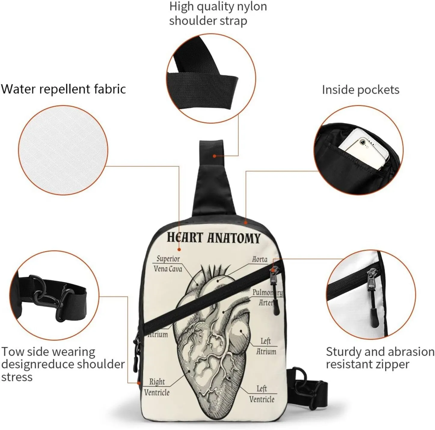 Heart Anatomy Black White Sling Bag for Men Women, Small Crossbody Sling Backpack Shoulder Chest Bag, Anti Theft Travel Hiking Sports