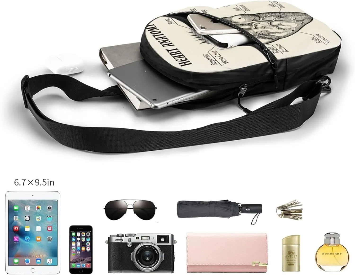 Heart Anatomy Black White Sling Bag for Men Women, Small Crossbody Sling Backpack Shoulder Chest Bag, Anti Theft Travel Hiking Sports
