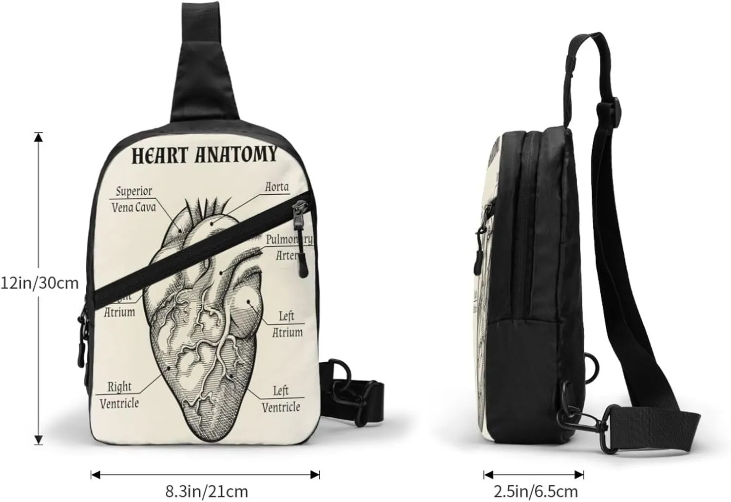 Heart Anatomy Black White Sling Bag for Men Women, Small Crossbody Sling Backpack Shoulder Chest Bag, Anti Theft Travel Hiking Sports