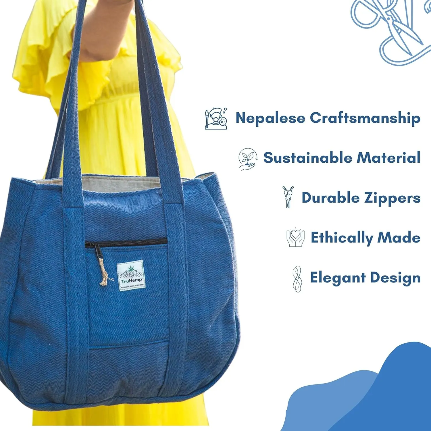 Hemp Shopping Tote Bag with Dual Zippered Compartments | Spacious Eco Market Bag with Cotton Lining | 10L Capacity