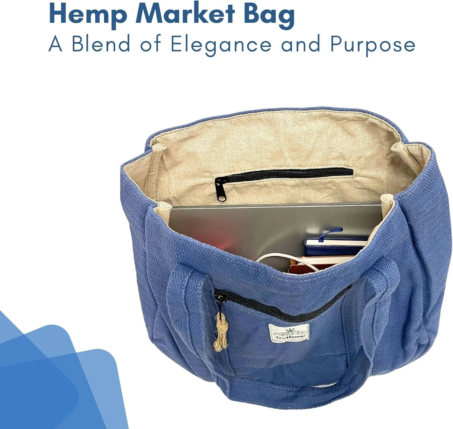 Hemp Shopping Tote Bag with Dual Zippered Compartments | Spacious Eco Market Bag with Cotton Lining | 10L Capacity