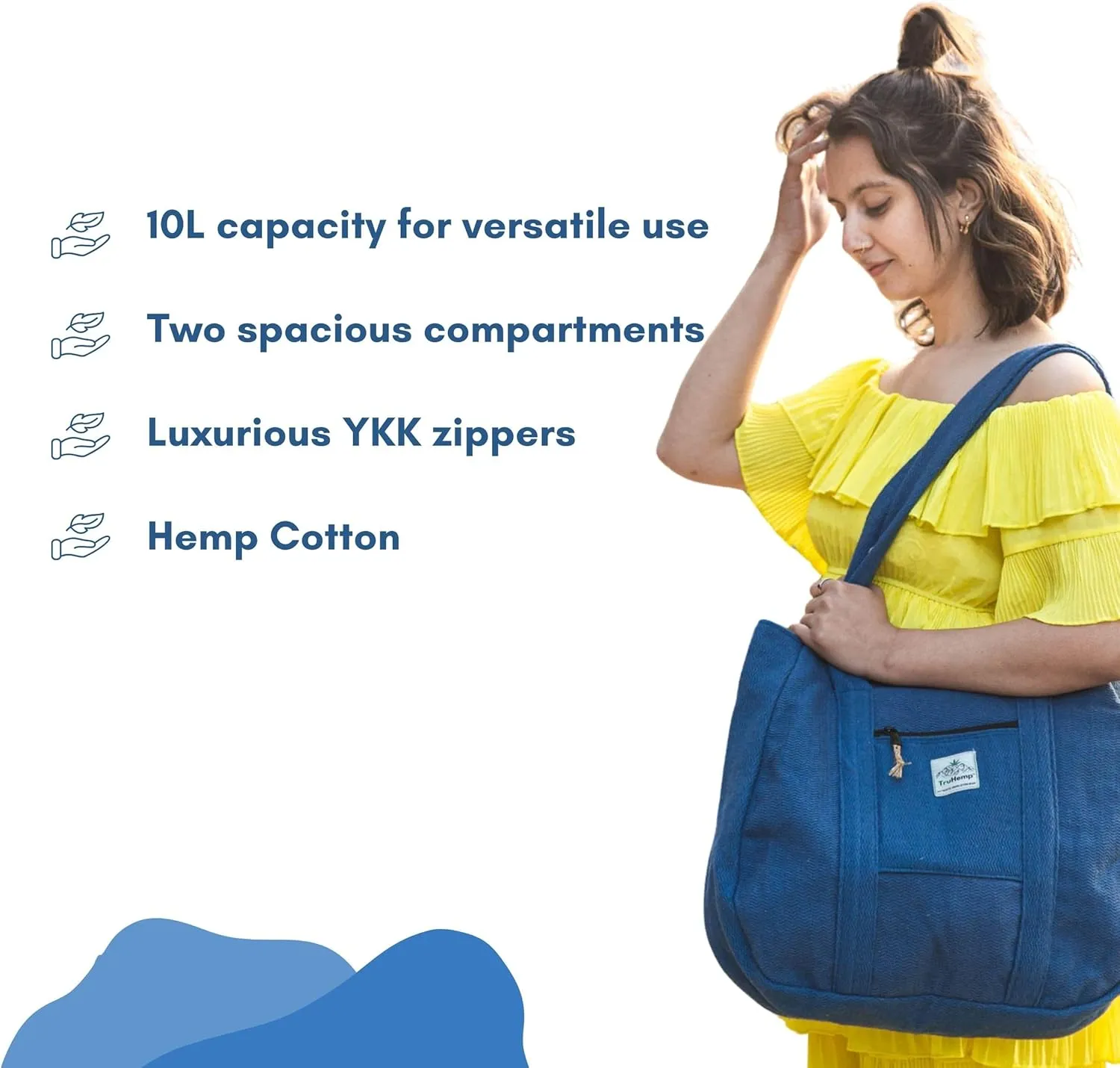 Hemp Shopping Tote Bag with Dual Zippered Compartments | Spacious Eco Market Bag with Cotton Lining | 10L Capacity