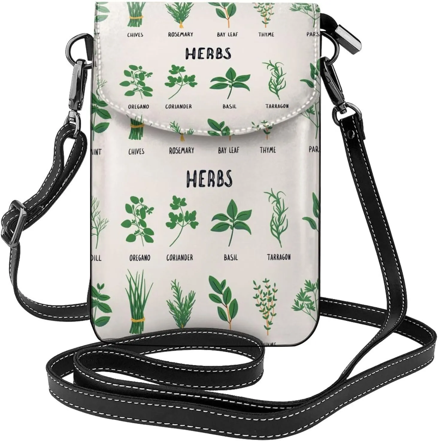 Herbs Print Small Crossbody Bags for Women Leather Cell Phone Purses Mini Leather Shoulder Handbag Adjustable Strap