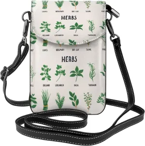 Herbs Print Small Crossbody Bags for Women Leather Cell Phone Purses Mini Leather Shoulder Handbag Adjustable Strap