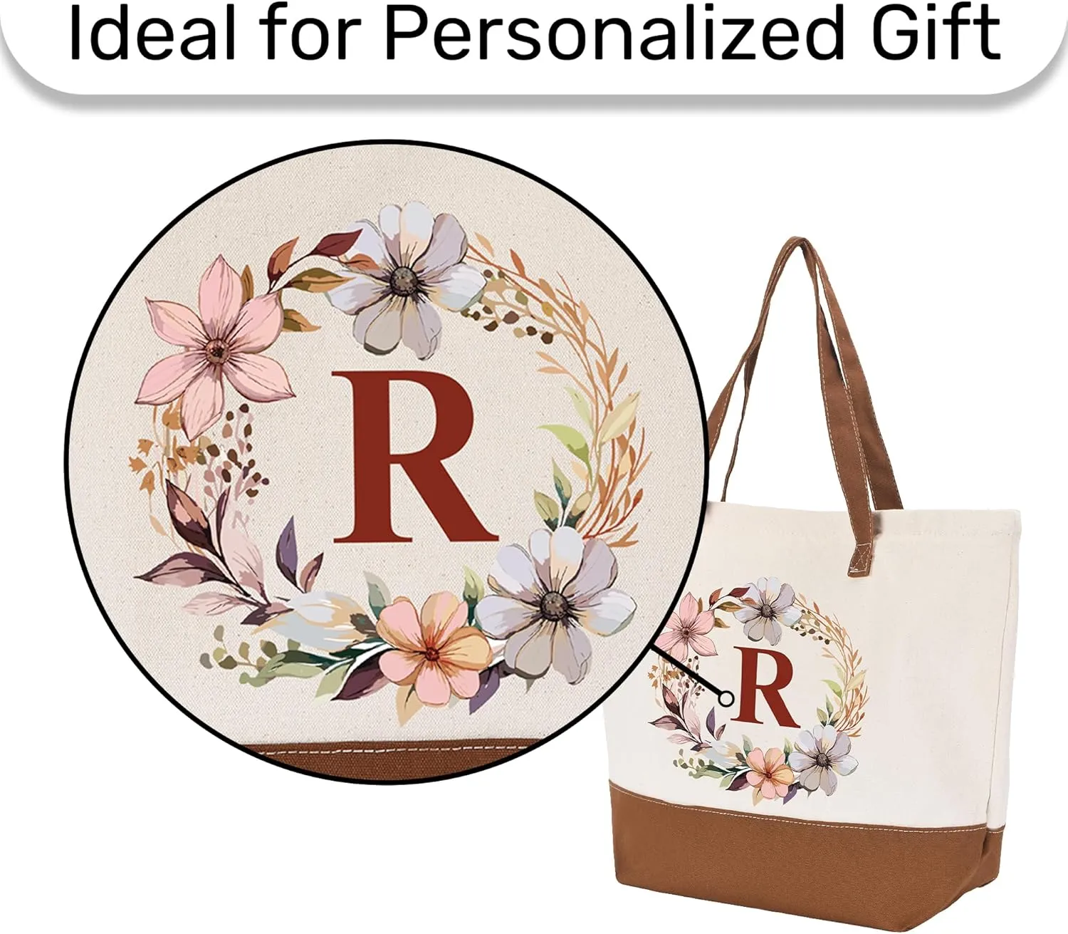 HIFA Initial Tote Bag for Women, Personalized Canvas Tote Bag -Durable Cotton, Zipper, Inner Pocket-Multipurpose Shoulder Bag