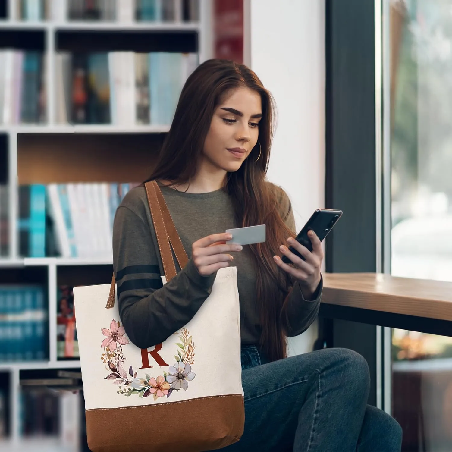 HIFA Initial Tote Bag for Women, Personalized Canvas Tote Bag -Durable Cotton, Zipper, Inner Pocket-Multipurpose Shoulder Bag