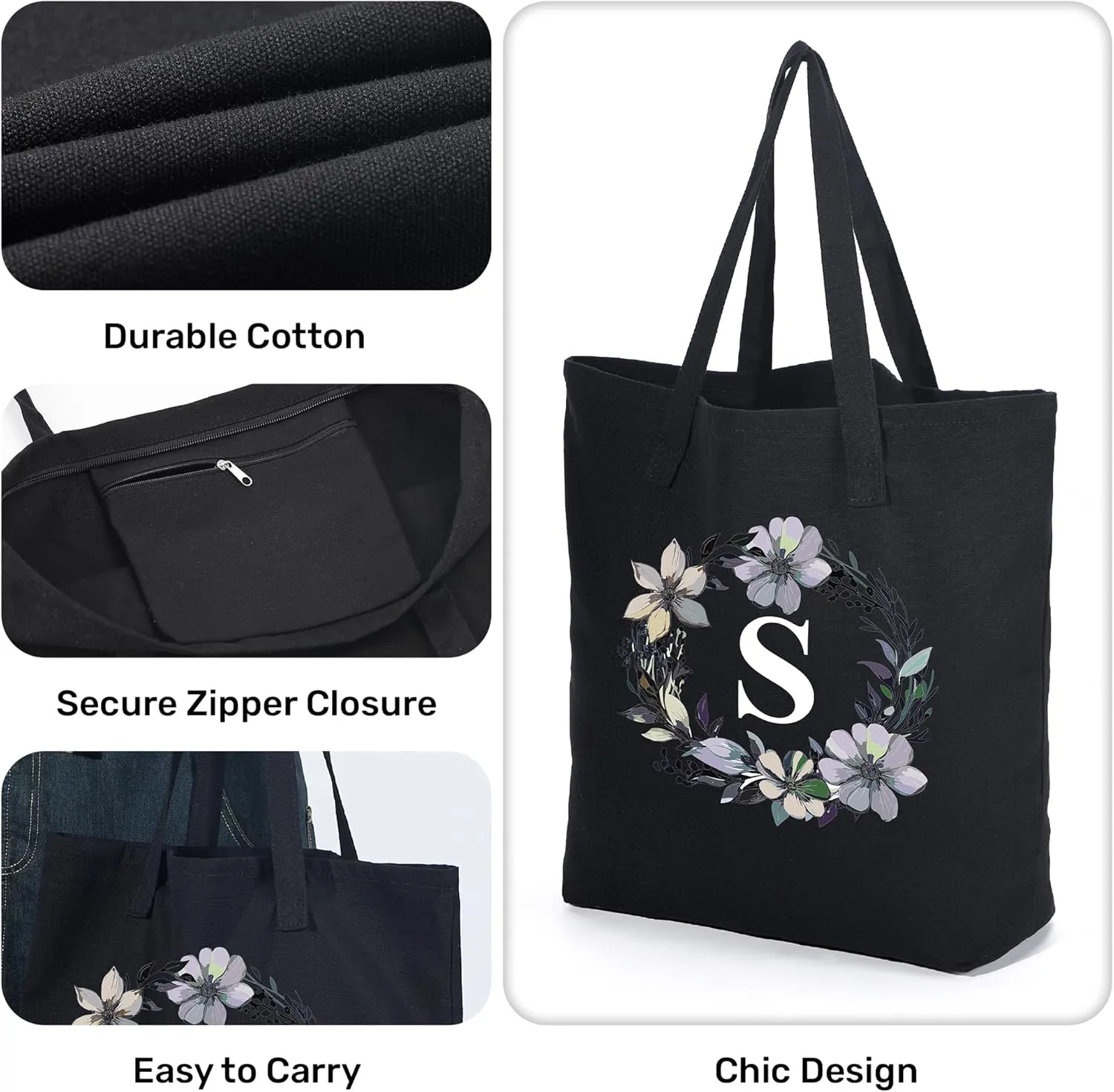 HIFA Initial Tote Bag for Women, Personalized Canvas Tote Bag -Durable Cotton, Zipper, Inner Pocket-Multipurpose Shoulder Bag