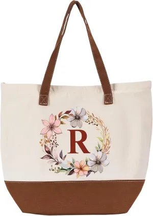 HIFA Initial Tote Bag for Women, Personalized Canvas Tote Bag -Durable Cotton, Zipper, Inner Pocket-Multipurpose Shoulder Bag