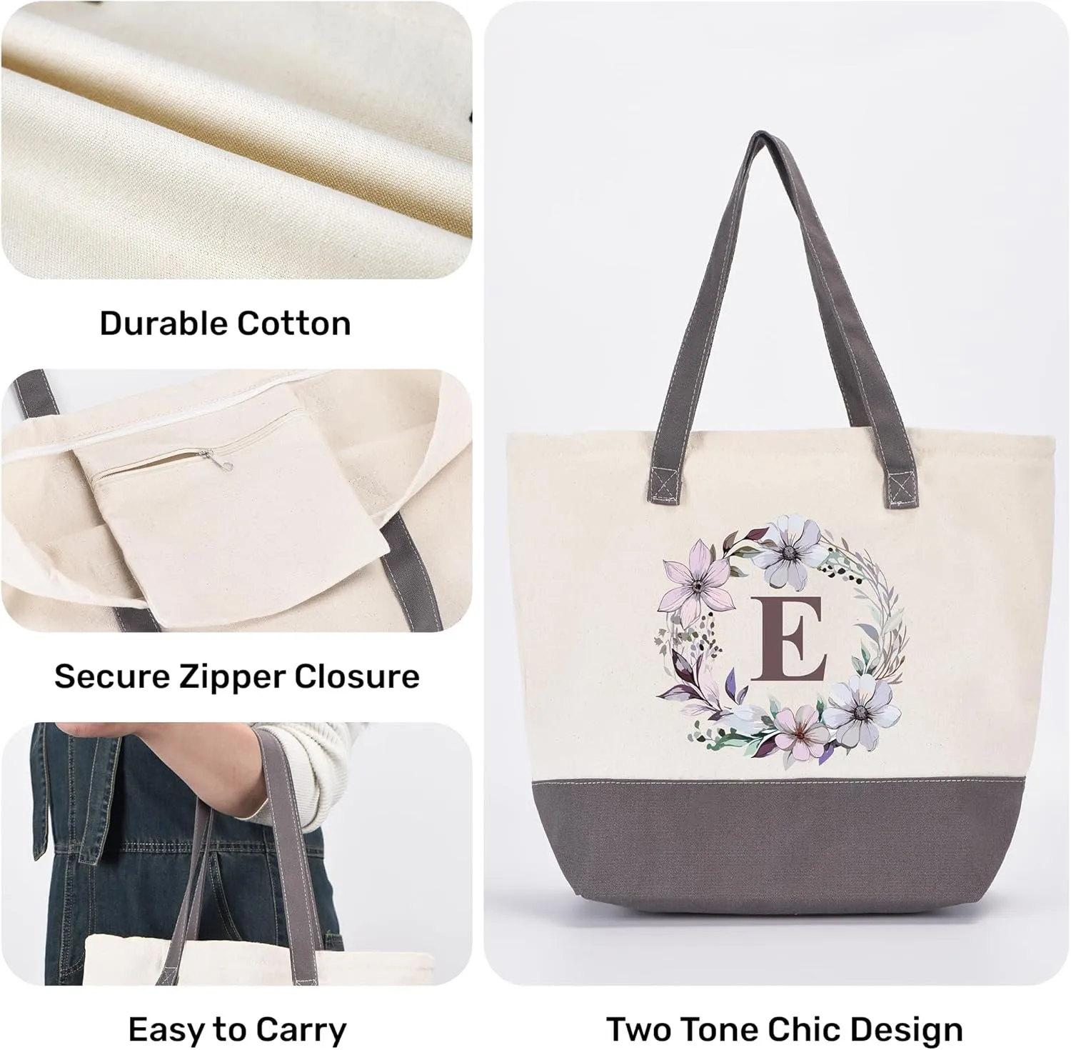 HIFA Initial Tote Bag for Women, Personalized Canvas Tote Bag -Durable Cotton, Zipper, Inner Pocket-Multipurpose Shoulder Bag