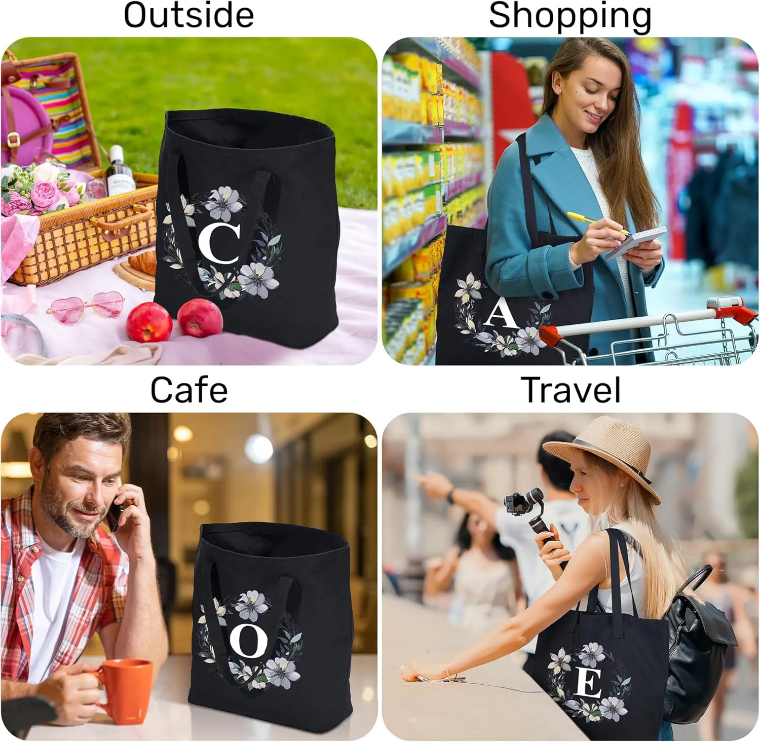 HIFA Initial Tote Bag for Women, Personalized Canvas Tote Bag -Durable Cotton, Zipper, Inner Pocket-Multipurpose Shoulder Bag
