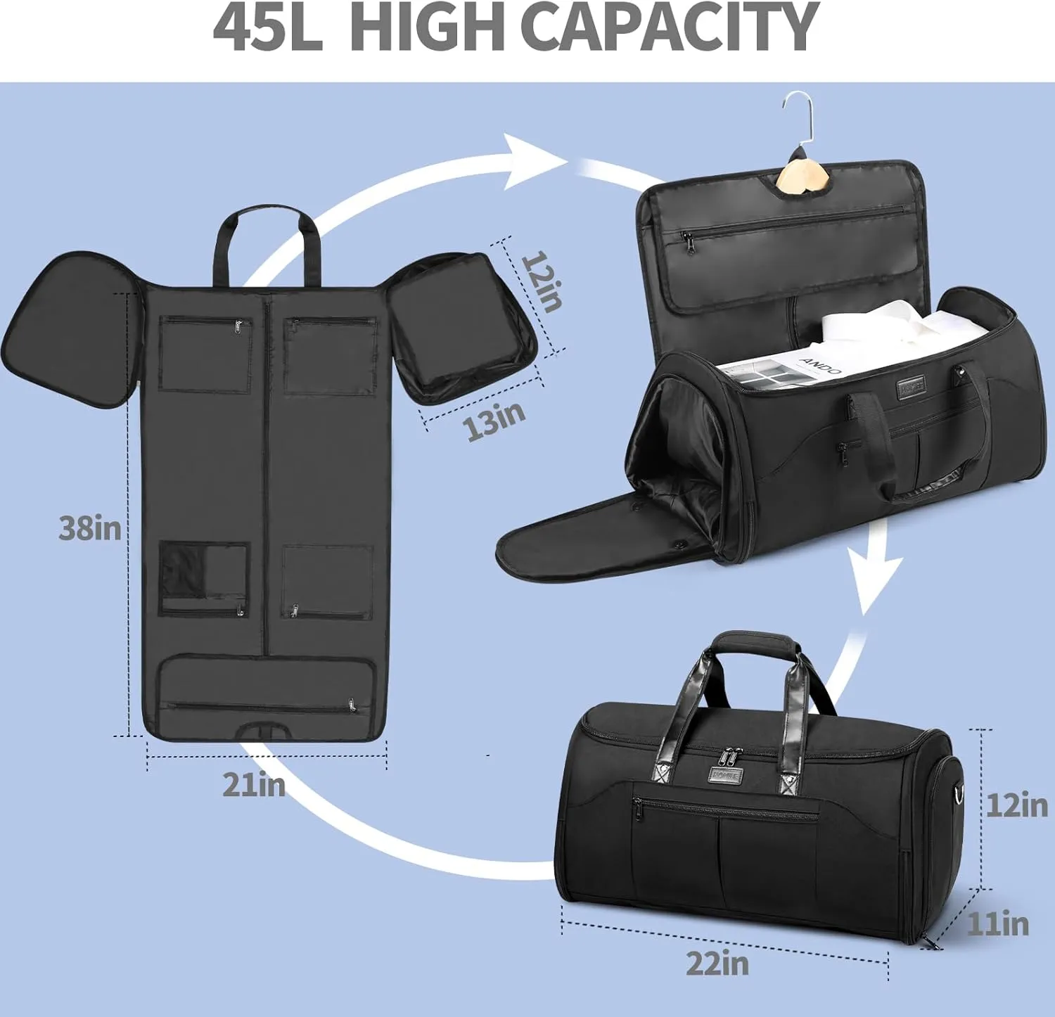 HOMIEE Convertible Garment Bag with Shoulder Strap, Carry on Garment Duffel Bag for Men Women - 2 in 1 Hanging Suitcase Suit Travel Bags
