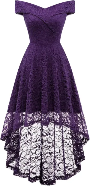 HomRain Women's Elegant Floral Lace Dress Off The Shoulder High Low Hem Dresses for Wedding for Cocktail for Party