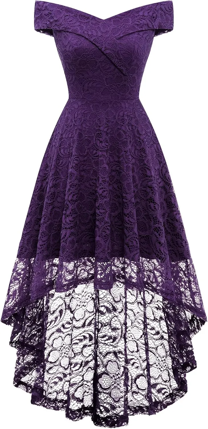 HomRain Women's Elegant Floral Lace Dress Off The Shoulder High Low Hem Dresses for Wedding for Cocktail for Party