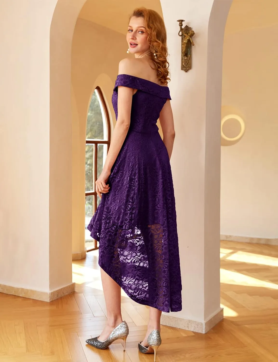 HomRain Women's Elegant Floral Lace Dress Off The Shoulder High Low Hem Dresses for Wedding for Cocktail for Party