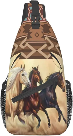 Horse Pattern Sling Bag Crossbody Backpack,Aztec Boho Ethnic Style Western Horse Chest Bag Three Horses Run In Desert Sandstorm Adjustable Shoulder Backpack Travel Hiking Casual Daypack