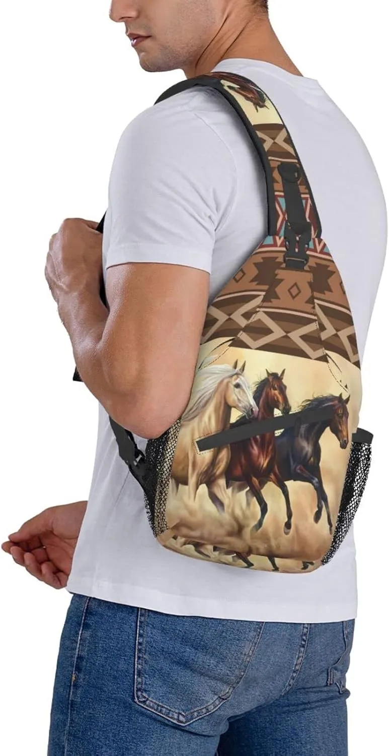 Horse Pattern Sling Bag Crossbody Backpack,Aztec Boho Ethnic Style Western Horse Chest Bag Three Horses Run In Desert Sandstorm Adjustable Shoulder Backpack Travel Hiking Casual Daypack