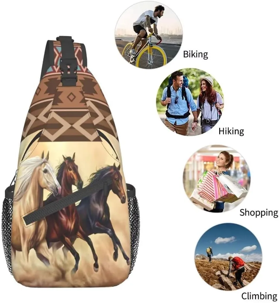 Horse Pattern Sling Bag Crossbody Backpack,Aztec Boho Ethnic Style Western Horse Chest Bag Three Horses Run In Desert Sandstorm Adjustable Shoulder Backpack Travel Hiking Casual Daypack
