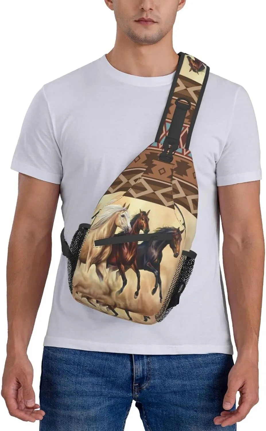Horse Pattern Sling Bag Crossbody Backpack,Aztec Boho Ethnic Style Western Horse Chest Bag Three Horses Run In Desert Sandstorm Adjustable Shoulder Backpack Travel Hiking Casual Daypack