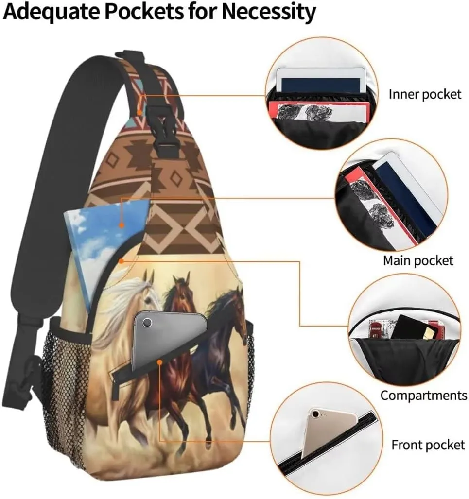Horse Pattern Sling Bag Crossbody Backpack,Aztec Boho Ethnic Style Western Horse Chest Bag Three Horses Run In Desert Sandstorm Adjustable Shoulder Backpack Travel Hiking Casual Daypack