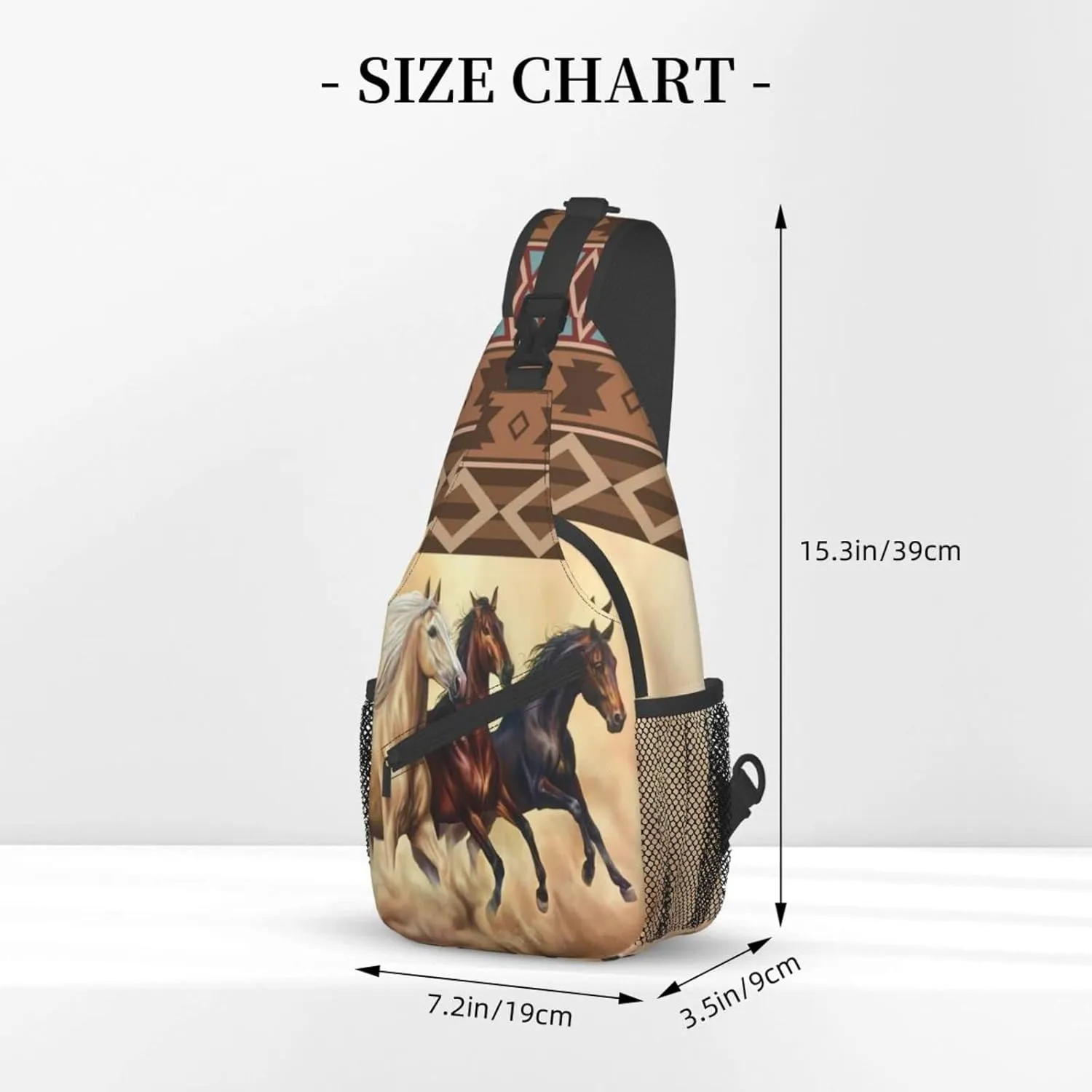 Horse Pattern Sling Bag Crossbody Backpack,Aztec Boho Ethnic Style Western Horse Chest Bag Three Horses Run In Desert Sandstorm Adjustable Shoulder Backpack Travel Hiking Casual Daypack