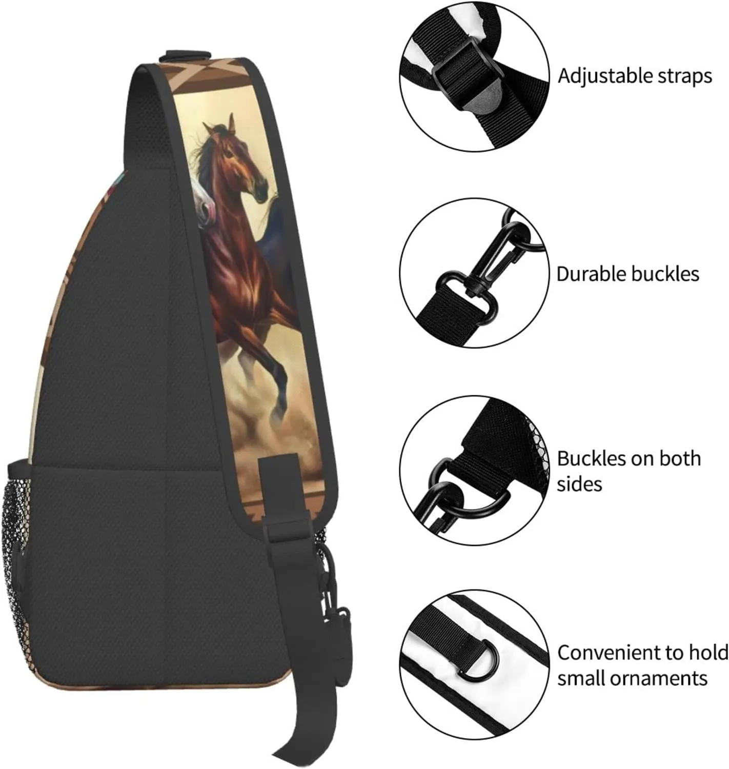 Horse Pattern Sling Bag Crossbody Backpack,Aztec Boho Ethnic Style Western Horse Chest Bag Three Horses Run In Desert Sandstorm Adjustable Shoulder Backpack Travel Hiking Casual Daypack