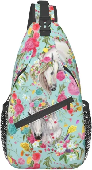 Horse Print Sling Bag Crossbody Backpack for Men Women Vintage Hand Drawn Watercolor Horse with Rose Flowers Chest Bag Adjustable Casual Sling Shoulder Backpack Travel Hiking Daypack