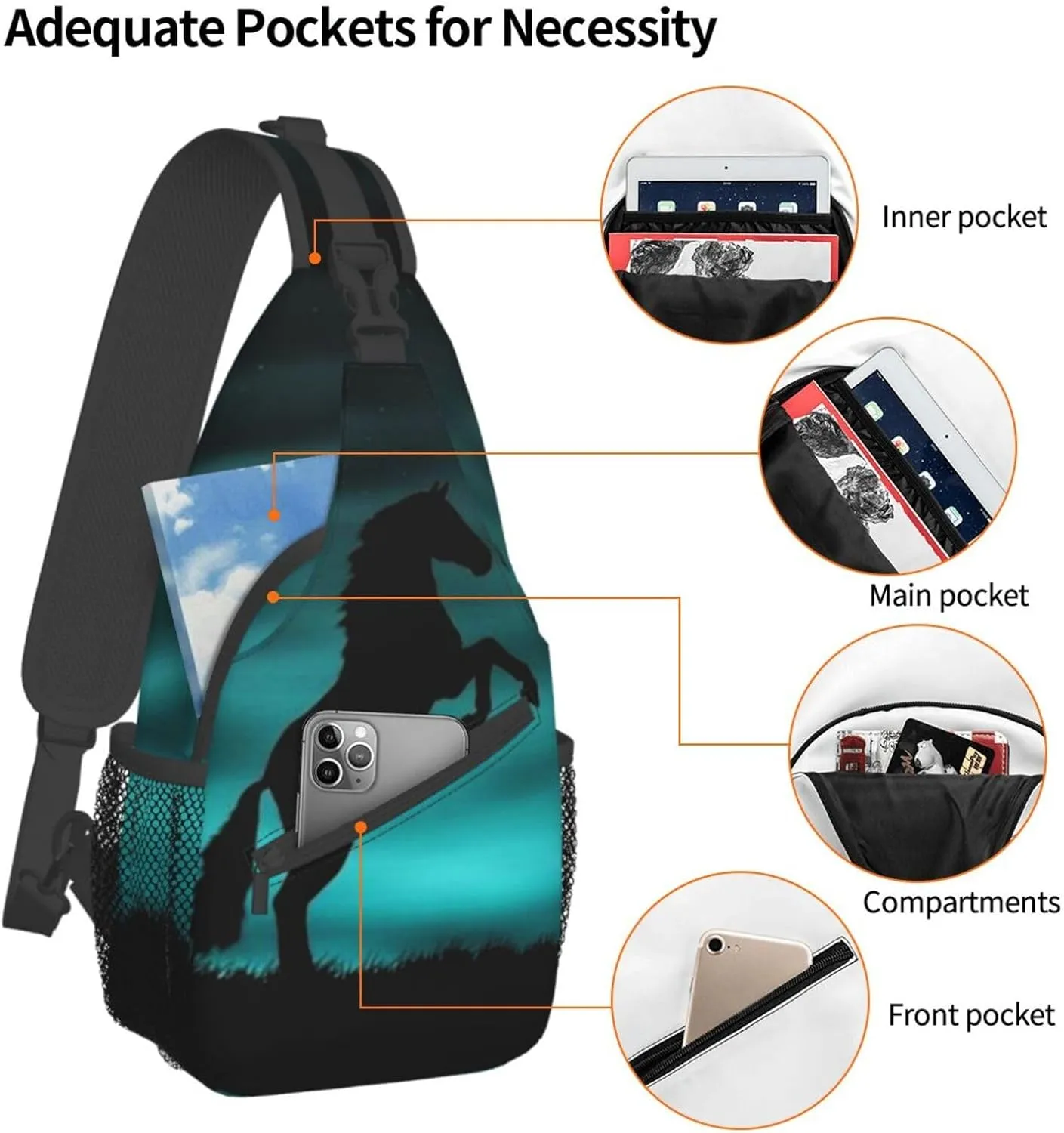 Horse Sling Bag Animal Crossbody Chest Daypack Casual Backpack Horse Shoulder Bag Horse Hiking Bag Cute Bag