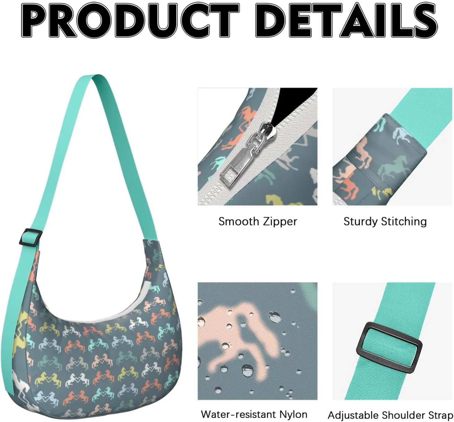 Horse Sling Crossbody Bag for Women Crescent Bag with Adjustable Strap Waterproof Nylon Pony Floral Shoulder Bag for Daily