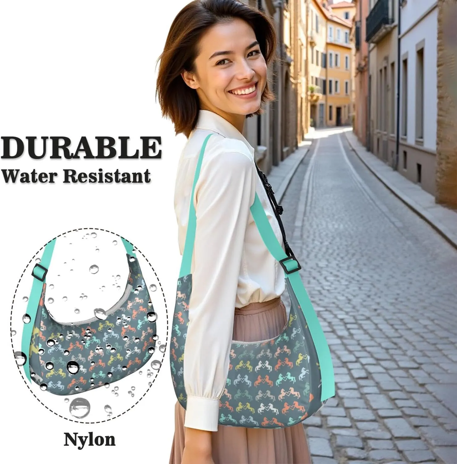 Horse Sling Crossbody Bag for Women Crescent Bag with Adjustable Strap Waterproof Nylon Pony Floral Shoulder Bag for Daily