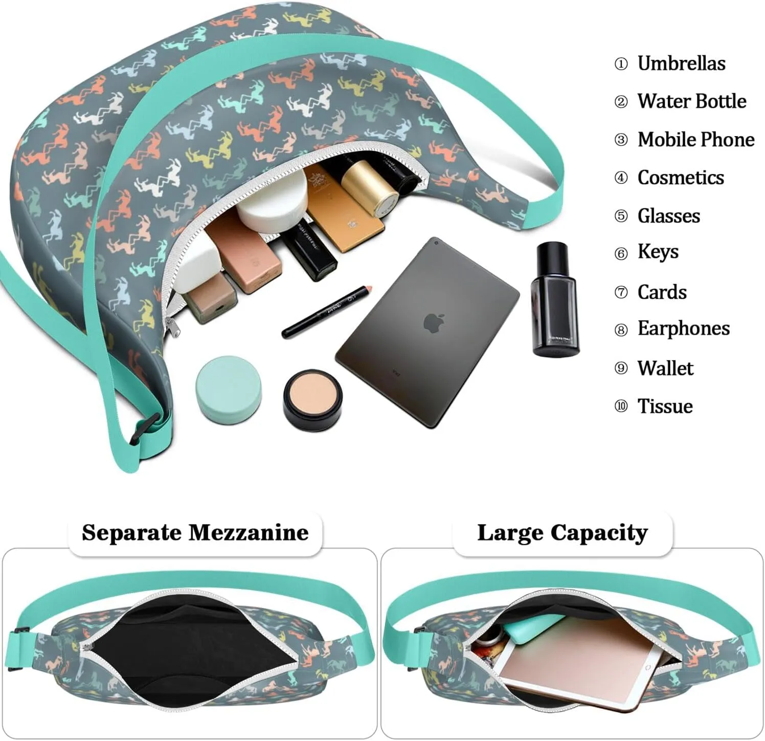Horse Sling Crossbody Bag for Women Crescent Bag with Adjustable Strap Waterproof Nylon Pony Floral Shoulder Bag for Daily