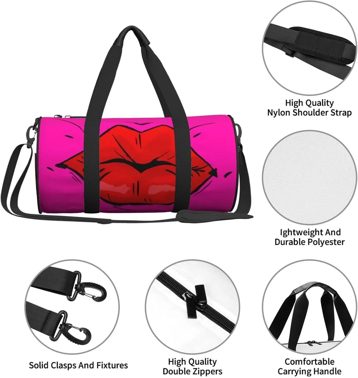 Hot Red Lips Kissing Round Travel Duffel Bag Large Capacity Gym Sports Bags for Hiking Vacation Trips